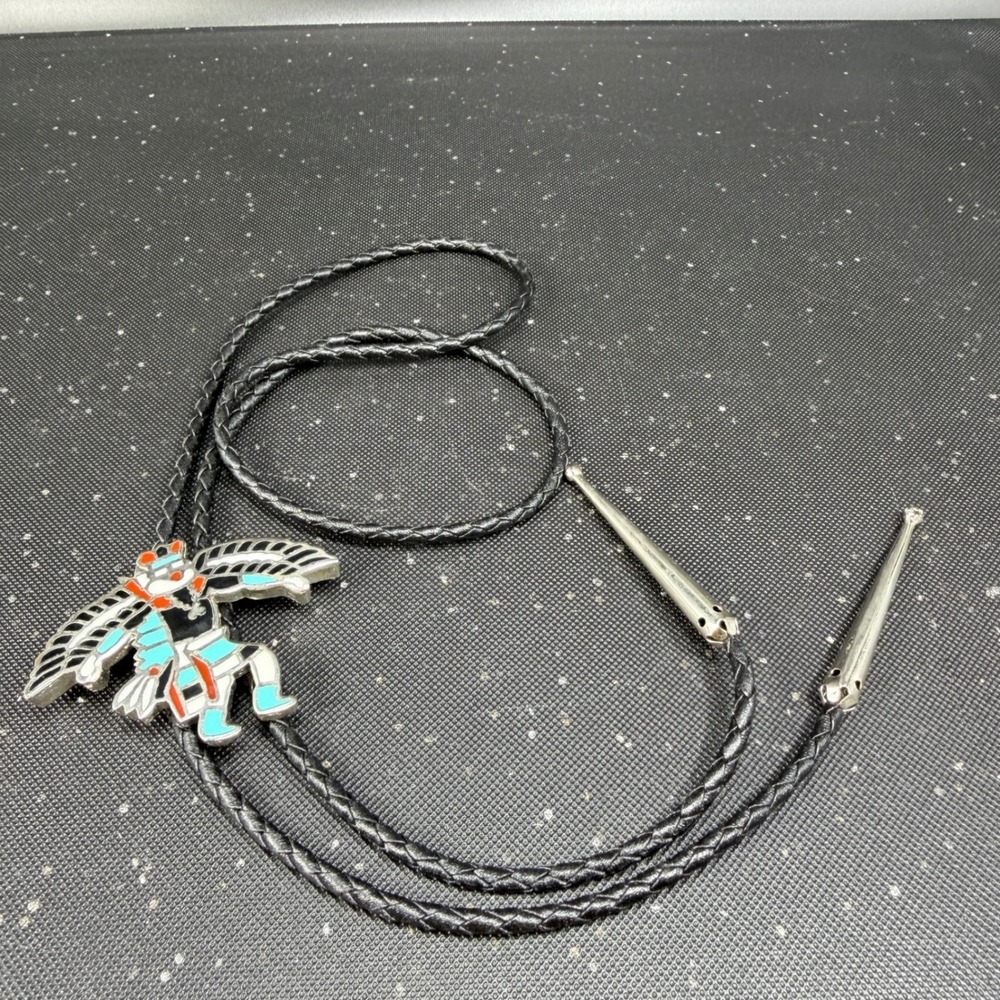 Vintage Thunderbird Kachina Enamel Bolo Tie Black Braided Cord Southwestern VTG‎ - Picture 7 of 7